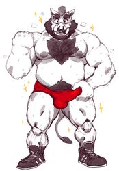 2017 anthro beard biceps big_muscles black_hair blush boar body_hair bulge chest_hair clothed clothing erection erection_under_clothes facial_hair footwear hair looking_at_viewer male male_only mammal mohawk moustache musclegut muscular muscular_male nipples pecs penis_outline porcine red_underwear shoes simple_background slightly_chubby solo sparkle sweat taoren topless underwear white_background