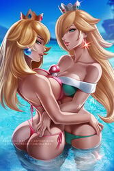 2girls ass big_breasts bikini blonde_hair blue_eyes breasts cleavage crown duo earrings female female_only human jewelry long_hair looking_at_viewer looking_to_the_side mario_(series) multiple_girls nintendo olchas outdoors princess_peach princess_rosalina super_mario_bros. swimsuit symmetrical_docking thong very_long_hair water yuri