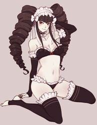 1girls arm_support bangs bare_shoulders black_bra black_hair black_legwear black_nails bow bow_bra breasts celestia_ludenberg choker danganronpa detached_sleeves drill_hair female female_only frilled_bra frilled_choker frilled_legwear frilled_panties frilled_sleeves frills gyarusatan headdress highres long_hair looking_at_viewer nail_polish navel pale_skin panties red_eyes ribbon sidelocks smile solo spread_legs straight_hair toeless_legwear twin_drills twintails underwear very_long_hair wariza white-skinned_female