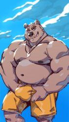 2018 anthro bear belly biceps big_bulge bulge clothing cloud ear_piercing eyebrows jewelry male male_only mammal muscular muscular_male navel necklace nipples overweight overweight_male pecs piercing sky smile solo swimsuit taoren