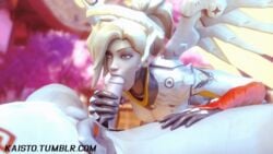 3d animated blizzard_entertainment blonde_hair clothes costume fellatio genji gif kaisto large_penis looking_at_another loop mercy oral overwatch penis straight sucking tumblr_username wings young_genji