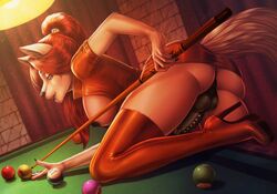 1futa 2018 5_fingers amber_eyes anthro anus areola ass balls banni_art big_breasts billiards black_nose breasts canine clothed clothing dickgirl eyebrows eyelashes footwear futanari genital_piercing hair half-closed_eyes high_heels intersex jackal long_hair looking_at_viewer mammal miniskirt nipples panties penis penis_piercing piercing pool_cue pool_table red_hair shirt shoes signature skirt smile solo_futa thigh_boots underwear