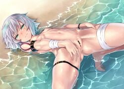 anus assassin_of_black bandage beach blush breasts censored fate/apocrypha fate/grand_order fate_(series) garter green_eyes jack_the_ripper_(fate) jack_the_ripper_(fate/apocrypha) navel nipples nude orochi_itto pussy scar short_hair small_breasts tattoo water white_hair wristwear