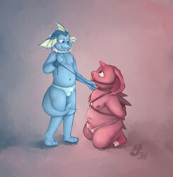 2boys 3_toes anthro ball_gag belly big_ears blue_fur blue_panties bondage bound bulge canine claws collar cum cum_leaking digital_media_(artwork) duo eeveelution erection eye_contact feet gag gagged holding horn interspecies kneeling leaking leash looking_up male male_only navel nidoran nidoran♂ nintendo nipples overweight panties paws penis pet_play pink_panties pokémon_(species) pokemon pokemon_(species) pokemon_rgby precum purple_background purple_eyes purple_skin scalie simple_background slightly_chubby smile spikes standing tail text topless twymouse vaporeon video_games watermark wet