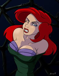 angry ariel bare_shoulders blue_eyes breasts burnup19 clenched_teeth disney disney_princess female female_only fish_girl large_breasts lips lipstick long_hair makeup mermaid monster_girl one_eye_closed open_mouth red_hair red_lipstick restrained solo strapless teeth the_little_mermaid underwater vore water wince