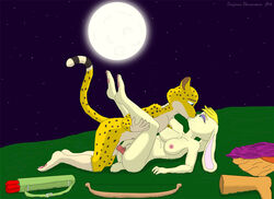 2018 anthro ass balls bianca_(spyro) bow cheetah discarded_clothing duo emperorstarscream feline female hunter_(spyro) kissing lagomorph lying male mammal missionary_position moon night nipples nude on_back outside pawpads penetration penis pussy rabbit romantic_couple sex sky spyro_the_dragon star starry_sky straight vein video_games