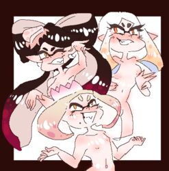 3girls 5_fingers ass beauty_mark breasts callie_(splatoon) cephalopod cephalopod_humanoid coral_star crown fangs forksandspoons_(artist) glowing glowing_hair light-skinned_female long_hair multiple_girls off_the_hook_(splatoon) pale-skinned_female pearl_(splatoon) riva_(splatoon) short_hair smooth_skin splatoon splatoon_2 squid_sisters