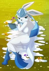 1girls 3_toes anthro areola ass back big_breasts big_ears biting_lip blue_eyes blue_fur breasts canine eyelashes feet female female_only flower furry glaceon grass half-closed_eyes large_breasts long_ears lying nintendo nipples nude outdoors paws pokemon pokemon_dppt presenting sideboob smile snow solo tail teeth whitmaverick