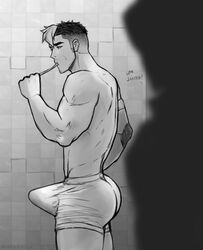 2boys 5_fingers arousal aroused ass bara barely_clothed bathroom biceps big_ass big_bulge big_butt black_and_white boxers boxers_(clothing) brushing_teeth bubble_ass bubble_butt bulge dat_ass digital_media_(artwork) english_text erection erection_under_clothes facial_hair fat_ass gay half-dressed human human_only indoors keith_kogane male male_focus male_only monochrome morning_wood mostly_nude muscle muscles muscular muscular_male out_of_frame penis room round_ass shadowy_figure shaved_sides side_view solo_focus spacebaddy speech_bubble standing stubble takashi_shirogane tenting text thick_ass thick_thighs tile_wall toothbrush topless two_tone_hair underwear underwear_only voltron voltron:_legendary_defender watermark white_underwear yaoi