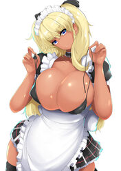 1girls apron aqua_hair bikini black_legwear blonde_hair bow bowtie breasts choker cleavage dark-skinned_female dark_skin female female_only frills gyaru head_tilt huge_breasts kogal long_hair looking_at_viewer maid maid_apron maid_headdress mizuyan original simple_background skindentation skirt smile solo swimsuit twintails two_tone_hair white_background