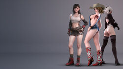 3d 3girls ass beltskirt cowboy_boots cowboy_hat crossover dat_ass dead_or_alive female female_focus female_only final_fantasy final_fantasy_vii hair hat jean_shorts multiple_girls nier:_automata thong thong_leotard tifa_lockhart tina_armstrong wallpaper woman xenoxeno yorha_2b