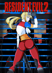 ass blonde_hair blue_eyes bodysuit capcom dat_ass elza_walker female firearm handgun jumpsuit long_hair looking_at_viewer on_back pale-skinned_female pale_skin pistol ponytail resident_evil resident_evil_1.5 resident_evil_2 weapon zombie