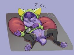 anthro bean_bag blush bottomless clitoris clothed clothing controller female fur furry game_controller garcelle hoodie lagomorph legwear mammal presenting presenting_pussy purple_fur pussy rabbit reign-2004 sleeping socks solo sound_effects spread_legs thighhighs toeless_socks whiskers zzz