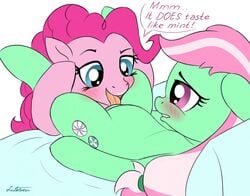 bite biting_lip blue_eyes blush cunnilingus english_text equid equine female friendship_is_magic fur green_fur hair horse lips lutescu mammal minty_(g4) minty_(mlp) my_little_pony oral pink_eyes pink_fur pink_hair pinkie_pie_(mlp) pony pussy self_bite sex straight_hair text vaginal_penetration yuri