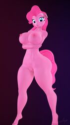 2018 3d anthro anthrofied blue_eyes breasts earth_pony equine female friendship_is_magic fur furry highres horse indigosfm large_breasts looking_at_viewer mammal my_little_pony nipples nude pinkie_pie_(mlp) pony pussy simple_background smile solo source_filmmaker straight_hair thick_thighs