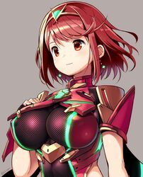 1girls bangs big_breasts breasts bust cleavage earrings erect_nipples female hair hand_on_own_chest iinuma_toshinori large_breasts nipple_bulge pyra red_eyes red_hair short_hair smile xenoblade_(series) xenoblade_chronicles_2