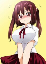 blush breast_expansion breast_press breast_squeeze breasts brown_eyes brown_hair ebina_nana embarrassed himouto himouto!_umaru-chan huge_breasts large_breasts oppai red_skirt sen_(astronomy) squiggle umaru white_shirt witch