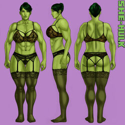 1girls abs ass avengers big_breasts black_lingerie bra female female_only garter_belt green_skin hair_bun huge_breasts hulk_(series) large_breasts lingerie marvel marvel_comics muscles muscular muscular_female panties she-hulk solo stockings thick_thighs tied_hair wide_hips zakuman