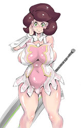 1girls adjusting_glasses aether_foundation alternate_outfit areolae armor ass bare_shoulders belly big_ass big_breasts big_hair breasts busty cattleya_(cosplay) cosplay crossover erect_nipples female female_only glasses green_eyes holding huge_breasts human kisaki_(strange_s_k) large_breasts large_sword looking_at_viewer navel nintendo nipples nipples_visible_through_clothing pink-framed_eyewear pokemon pokemon_sm purple_hair queen's_blade revealing_clothes see-through shiny_skin short_hair sideboob simple_background sketch slightly_chubby smile solo standing sword thick_thighs weapon white_background wicke_(pokemon) wide_hips