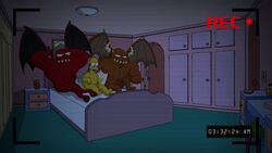 3boys artist_request bed bedroom brown_skin crossed_legs demon diphallia diphallism edit erection fat gay goatee hands_behind_head homer_simpson hooves horns_and_hooves imminent_sex male_only moe-looking_satan moe_szyslak multi_penis multiple_males muscles penis pointed_ears red_body red_skin screen_capture screencap screenshot screenshot_edit the_simpsons threesome undressing_another unknown_character wings yellow_skin