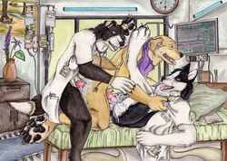 anatomically_correct animal_genitalia animal_penis anthro arin_michaelis bed border_collie canine canine_penis claws collie cum cum_in_ass cum_inside cum_on_fur cum_on_muzzle cum_while_penetrated deacon_(furrover) hospital hospital_bed husky inside knot kola_(artist) lab_coat labrador looking_pleasured male mammal pawpads paws penetration penis riley_(kugetsu) siberian_husky toe_claws tongue tongue_out yaoi yellow_labrador