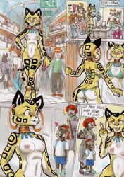 angry anthro ass bikini breasts cheetah clothing comic cub daigaijin ear_piercing english_text feline female furry furryfight_chronicles heart hippopotamus jewelry lagomorph laugh male mammal middle_finger mother nude nyarai_(furryfight_chronicles) panther parent piercing public_nudity rabbit shopping stripes swimsuit text young