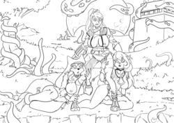 2018 anthro big_breasts black_and_white boots breasts canine cleavage clothed clothing collar crossover disney feline female footwear fox group hair hanna-barbera headdress human jewelry leg_grab long_hair maid_marian mammal metroid monochrome mostly_nude necklace nintendo nipple_bulge nipples outside pussy queen_callista robin_hood_(disney) samus_aran standing swat_kats tentacle torn_clothing video_games yawg