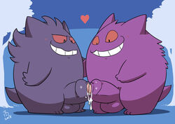 2boys alternate_color anthro belly big_feet big_mouth big_penis big_testicles black_eyes blue_background blush chubby cum cum_on_penis duo erection feet foreskin forest frottage furry gay gengar ghost half-closed_eyes heart huge_penis huge_testicles humanoid_penis large_penis large_testicles male male_only nintendo no_nipples nude penis penises_touching pokémon_(species) pokemon pokemon_rgby purple_fur red_sclera sex shadow smile standing tail takataka teeth text thick_penis thick_thighs tree uncut video_games watermark wet wide_hips yaoi