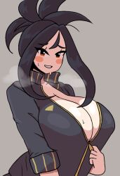 1girls bangs big_breasts black_hair blush cleavage dendra_(pokemon) light-skinned_female notnoe_(dxcl) pokemon pokemon_sv red_eyes smiling sweat zipper