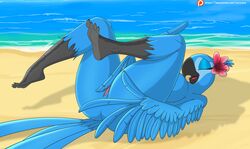 2018 anthro anthrofied ass avian beak bird blue_feathers blue_macaw breasts closed_eyes el-loko feathers female jewel_(rio) lying masturbation on_back open_mouth pussy pussy_juice rio_(series) solo tongue