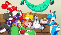 2018 alfa_quinto_(character) apron ass black_yoshi cake clodoval_(character) clothing cyan_yoshi digimon dragonxpyro fan_character fellatio food green_yoshi heart indoors looking_at_another male mario_(series) multiple_boys nintendo oral penis pink_yoshi red_yoshi sex sitting sofa tail text video_games yaoi yellow_yoshi yoshi