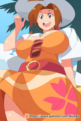 1girls beach belt big_breasts blush breasts brown_eyes brown_hair busty cleavage day delia_ketchum_(pokemon) drawing dress fanart female female_only glasses hat highres human human_only large_breasts long_hair looking_away looking_down milf mother mouth_open nintendo nisego open_mouth orange_dress outdoors patreon pokemon pokemon_rgby ponytail sky smile solo standing sun sunglasses sunglasses_removed sunny teeth text tongue tree url watermark