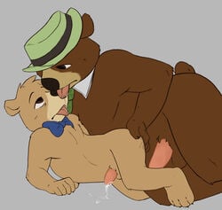 anthro bear boo_boo_bear cum cum_while_penetrated duo erection gay hanna-barbera hat larger_male male male_only mammal necktie penetration penis saliva sex size_difference tash0 tongue yaoi yogi_bear yogi_bear_(character)