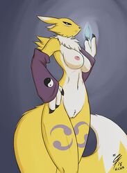 1girls 2018 3_fingers anthro areolae belly big_breasts big_hands big_tail black_sclera blue_eyes breasts canine claws clothing crystal digimon digital_media_(artwork) female fox fur gem gloves hair holding looking_at_viewer nipples nude purple_background pussy renamon simple_background solo standing tail text thick_thighs video_games vlc525 watermark white_fur yellow_fur