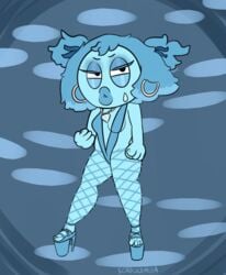 1girls aquamarine_(steven_universe) big_lips bimbo bimbo_prostitute blue_hair blue_skin cartoon_network diamond_necklace eyeshadow female fishnets gem_(species) heels hoop_earrings jewelry prostitute prostitution scaboomba sling_bikini steven_universe teardrop twintails