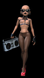 1girls 3d 3d_(artwork) bald bondage_gear boombox joel3d lipstick nipple_piercing sunglasses topless walking