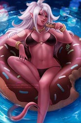 1girls 2010s 2018 android_21 bikini black_bikini black_nail_polish black_nails black_sclera black_toenail_polish black_toenails bracelet breasts breasts_apart choker clothed dark_persona dated dessert doughnut dragon_ball dragon_ball_fighterz earrings female female_focus female_only food gold_jewelry hair_between_eyes hairless_pussy hoop_earrings humanoid inner_tube large_breasts long_hair looking_at_viewer majin majin_android_21 monster_girl nail_polish navel necklace o-ring_bikini o-ring_top olchas open_smile pink_skin pointy_ears pussy red_eyes signature smile solo suggestive_food swimsuit tail toenail_polish toned tongue tongue_out very_long_hair water white_hair