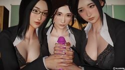 1boy 3d 3girls anri_okita asian asian_female bad_id bad_pixiv_id black_hair breasts cleavage handjob multiple_girls penis pov suit tagme teamwork