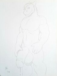 2018 5_fingers anthro balls claws dragon flaccid foreskin gideon hair hand_on_penis horn humanoid_penis male male_only nude penis precum precum_drip presenting presenting_penis scalie simple_background smile smirk solo traditional_media_(artwork) uncut xanderg