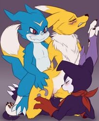 2018 anal cum cum_in_pussy cum_inside digimon double_penetration erection female furry impmon male meraence penetration penis pussy renamon straight vaginal_penetration veemon