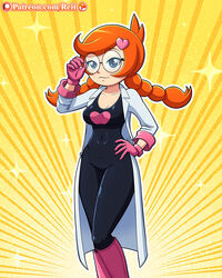 1girls adjusting_glasses black_eyes blue_eyes bodysuit boots breasts cape cleavage clothed female female_only glasses gloves hair_ornament hand_on_hips heart jpeg looking_at_viewer mario_(series) nintendo orange_hair patreon penny_crygor red_hair reit smile spandex standing text twintails url wario_(series) warioware watermark yellow_background