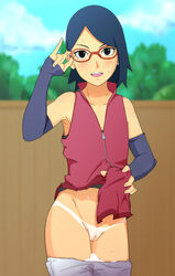 1girls adjusting_glasses armpits black_eyes black_hair blue_background blue_hair blush boruto:_naruto_next_generations brown_background brown_wall clouds collarbone female female_only fence flat_chest glasses gloves hilopon_(user_hjxp2347) human looking_at_viewer naruto open_clothes open_mouth outdoors panties panties_down pants pants_down pussy red-framed_eyewear sarada_uchiha shirt shirt_lift sky sleeveless_shirt smile solo standing sweat tan tan_skin tanline tanlines tongue underwear unzipped white_panties zipper