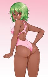 1girls arched_back ass back blush breasts coffeechicken dark-skinned_female dark_skin female female_only freckles gradient gradient_background green_hair highleg highleg_swimsuit looking_at_viewer looking_back one-piece_swimsuit original pink_swimsuit red_eyes short_green_hair short_hair sideboob smile solo swimsuit wedgie