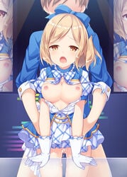 1boy :o amemiya_ruki blonde_hair bow bowtie breasts breasts_out cleavage clothed_sex commentary_request cum djeeta_(granblue_fantasy) faceless faceless_male female gloves granblue_fantasy highres medium_breasts nipples plaid sex short_hair straight white_gloves zoom_layer