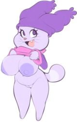 3_toes areolae big_breasts bottomless cartoon_network chowder chowder_(character) chubby cute_fang deep_navel flat_colors furry hat huge_areolae looking_up lowres plantpenetrator plump_vulva purple_eyes purple_hair rule_63 shirt_lift smile tooth undressing whiskers white_background