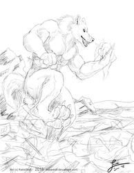 2015 4_toes anthro anthro_only balls canine claws cliff destruction evil_grin fur furry hindpaw holding_object kekswolf macro male mammal monochrome no_humans nude on_one_leg open_mouth partially_submerged pawpads paws rohrkrepierer88 sea sharp_teeth ship signature sketch smile solo standing stomping teeth toe_claws toes url vehicle water were werewolf wolf