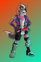 1boy 2018 absurd_res animal_genitalia animal_penis anthro bandana belt boots canine canine_penis clothed clothing digital_media_(artwork) erection eye_patch eyewear footwear fur furry gradient_background grey_fur grin gun hi_res jacket kadisurmik knot leather looking_at_viewer male male_only mammal nintendo open_pants pants penis pose precum presenting ranged_weapon red_penis sheath shoulder_pad simple_background smile solo spike_(disambiguation) standing star_fox super_smash_bros. video_games weapon wolf wolf_o'donnell