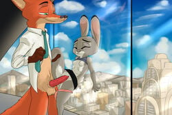 2018 against_window akiric animal_genitalia animal_penis anthro balls biting_lip bottomless breasts canine canine_penis city cityscape clothed clothing dipstick_ears disney duo erection female fox gloves_(marking) green_eyes half-closed_eyes imminent_sex inside judy_hopps lagomorph male mammal markings necktie nick_wilde nipples open_shirt panties panties_around_one_leg penis rabbit raised_shirt raised_skirt skirt small_breasts smile standing straight thigh_grab underwear underwear_around_one_leg window zootopia