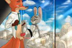 2018 against_window akiric animal_genitalia animal_penis anthro balls biting_lip bottomless breasts canine canine_penis city cityscape clothed clothed_sex clothing dipstick_ears disney duo edit erection female fox green_eyes half-closed_eyes inside judy_hopps lagomorph male mammal markings necktie nick_wilde nipples open_shirt panties panties_around_one_leg penetration penis rabbit raised_shirt raised_skirt sex skirt small_breasts smile standing straight thigh_grab underwear underwear_around_one_leg vaginal_penetration window zootopia