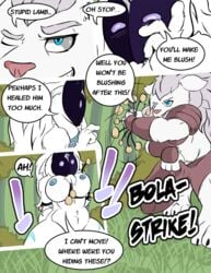 blue_eyes blush bondage bound breasts caprine comic enduranthill feline female forest fur kindred lamb_(league_of_legends) large_breasts league_of_legends lion mammal mask page rengar riot_games sheep thick_thighs tree white_fur